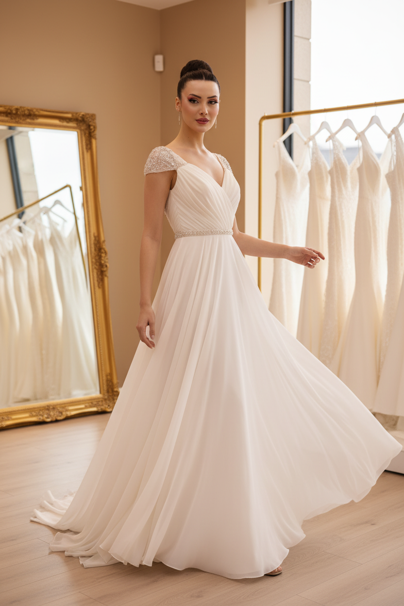 NIL-053 Grecian Draped Chiffon šaty – 3/4 Angle