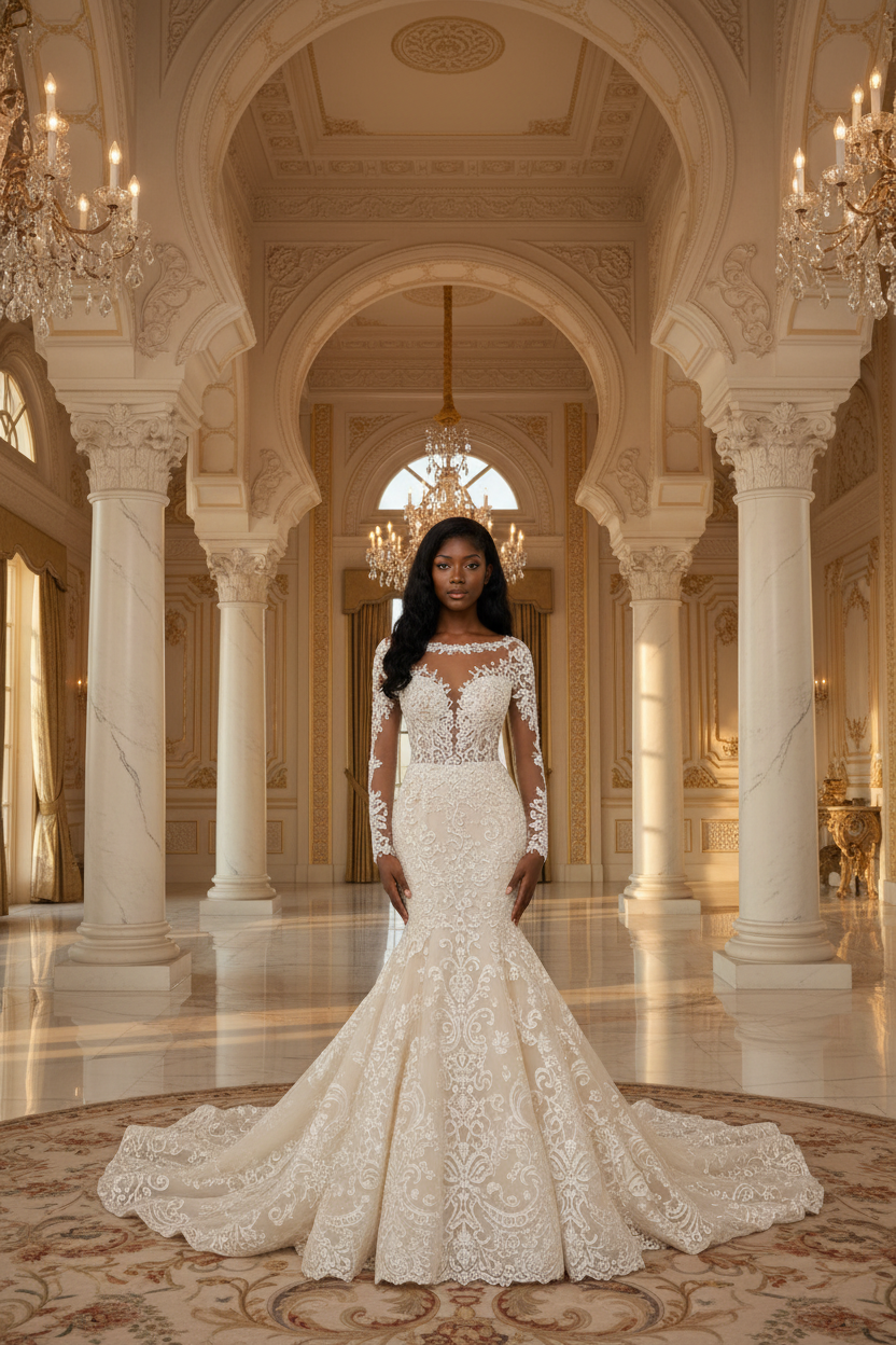 NIL-114 Cream Fit and Flare Wedding Dress – Editorial View
