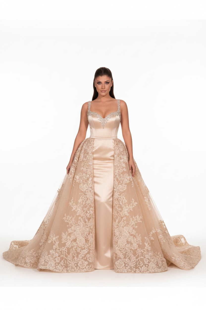 NIL-117 champagne Detachable Overskirt Brudekjole – forfra