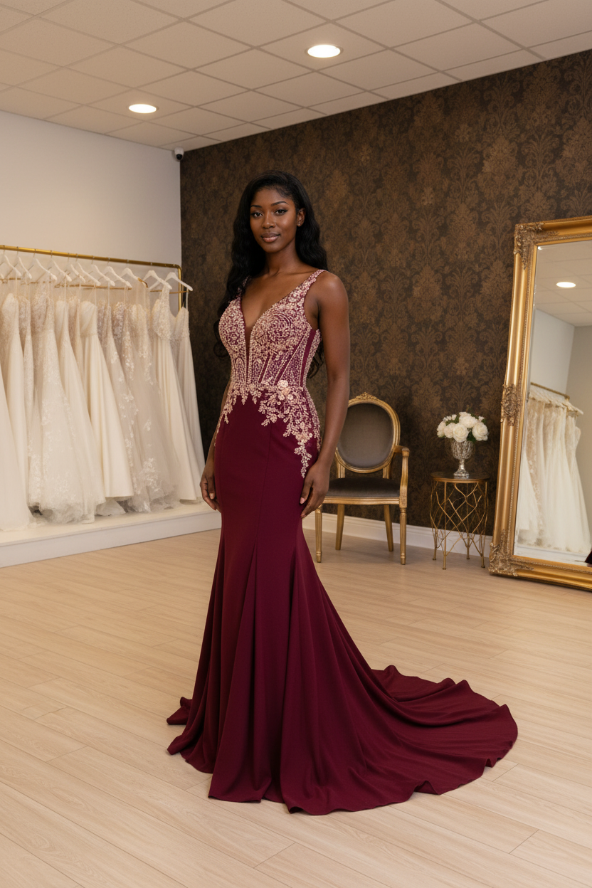 G21-NS-254 Burgundy Rose Gold Crystal Mermaid Engagement Dress
