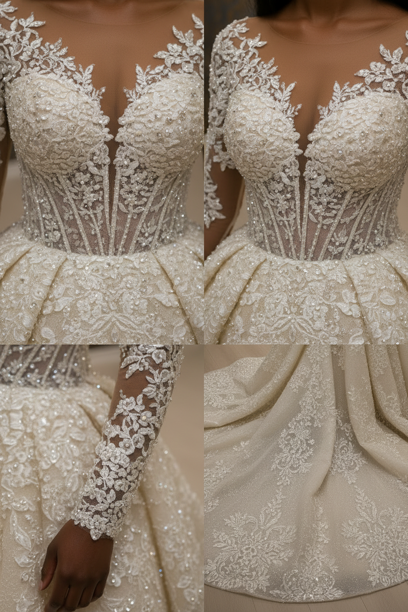 NIL-024 Champagner Ivory Königlich Prinzessinnen-Ballkleid detail craftsmanship collage by NIL Brautkleid