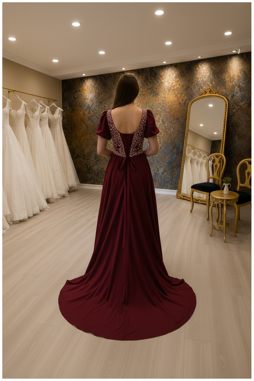 NIL-NS-246 Burgundy Rose Gold Crystal A-Line Engagement Dress - Back View