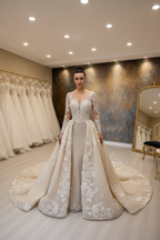 NIL-026 شامبانيا Ivory ملكي فستان زفاف أميرة منفوش Detachable Overskirt حجاب النمط منظر أمامي