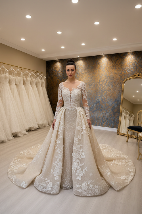 NIL-026 Champagne Ivory Royal Princess Ball Gown Detachable Overskirt Hijab Style Front View