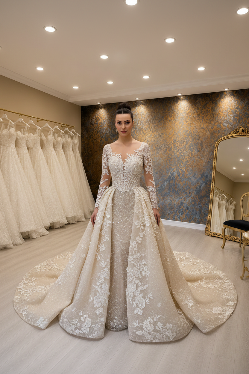 NIL-026 – Şampanya Fildişi Kraliyet Prenses Balo Tipi Gelinlik | Çıkarılabilir Overskirt | Uzun Dantel Kol | illusion Yaka | 3D Çiçek Dantel | Kristal Boncuk İşleme | Katedral Kuyruk | Başörtüsü Stil Bridal