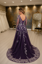 NIL-NS-083 Deep Purple Silver Crystal A-Line Engagement Dress - Back View