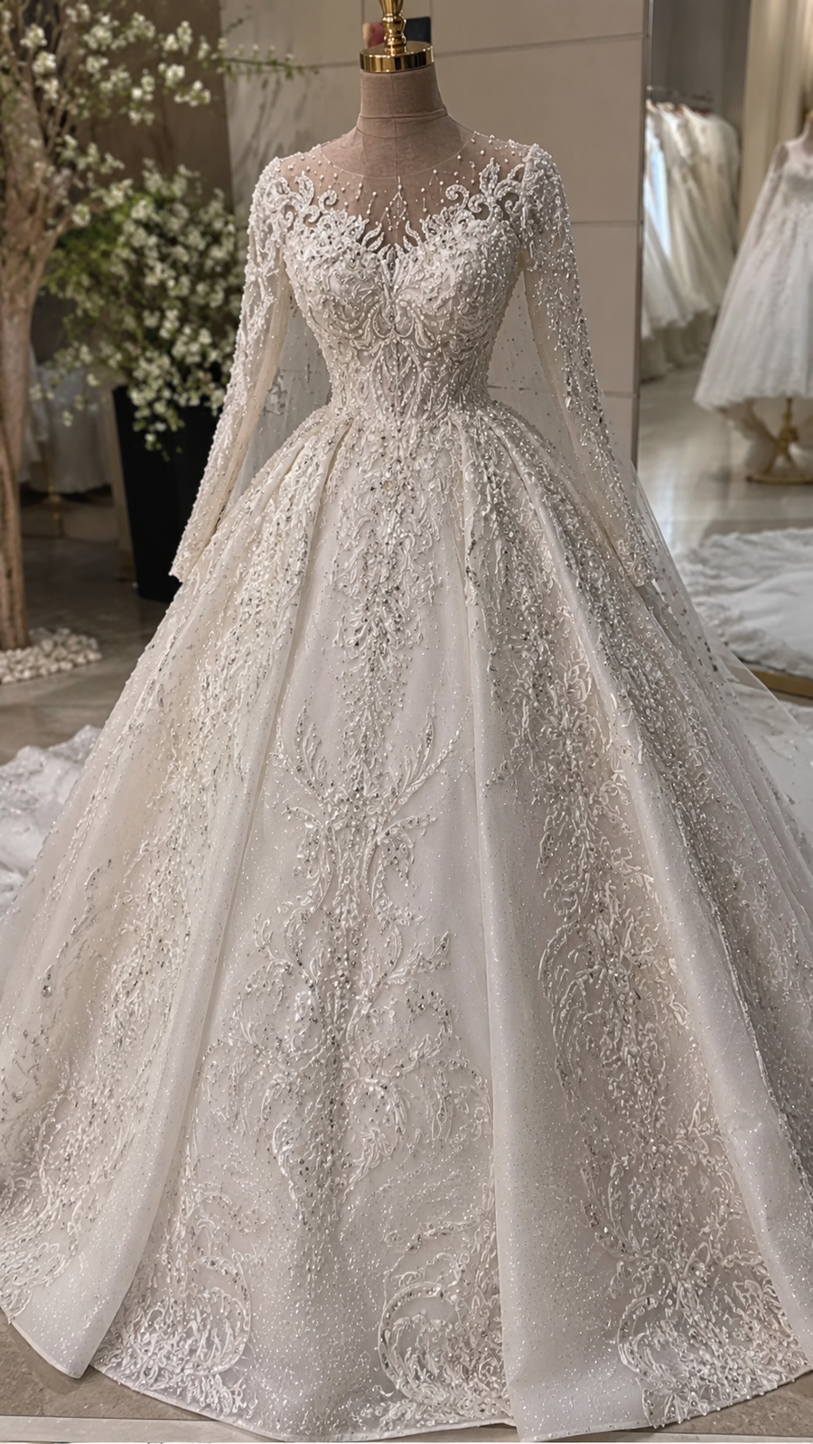 G21-061 Crystal Beaded Long Sleeve Luxury Ball Gown