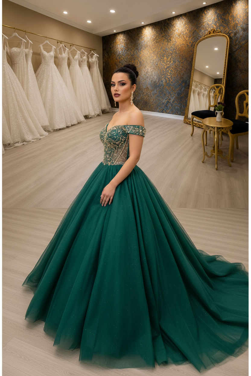 G21-NS-253 Emerald Green Ball Gown Crystal Dress