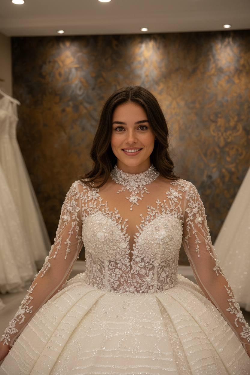 G21-256 3D Pearl & Crystal Floral Illusion Ball Gown | Deep V Neck | Long Sleeves | Couture Bridal