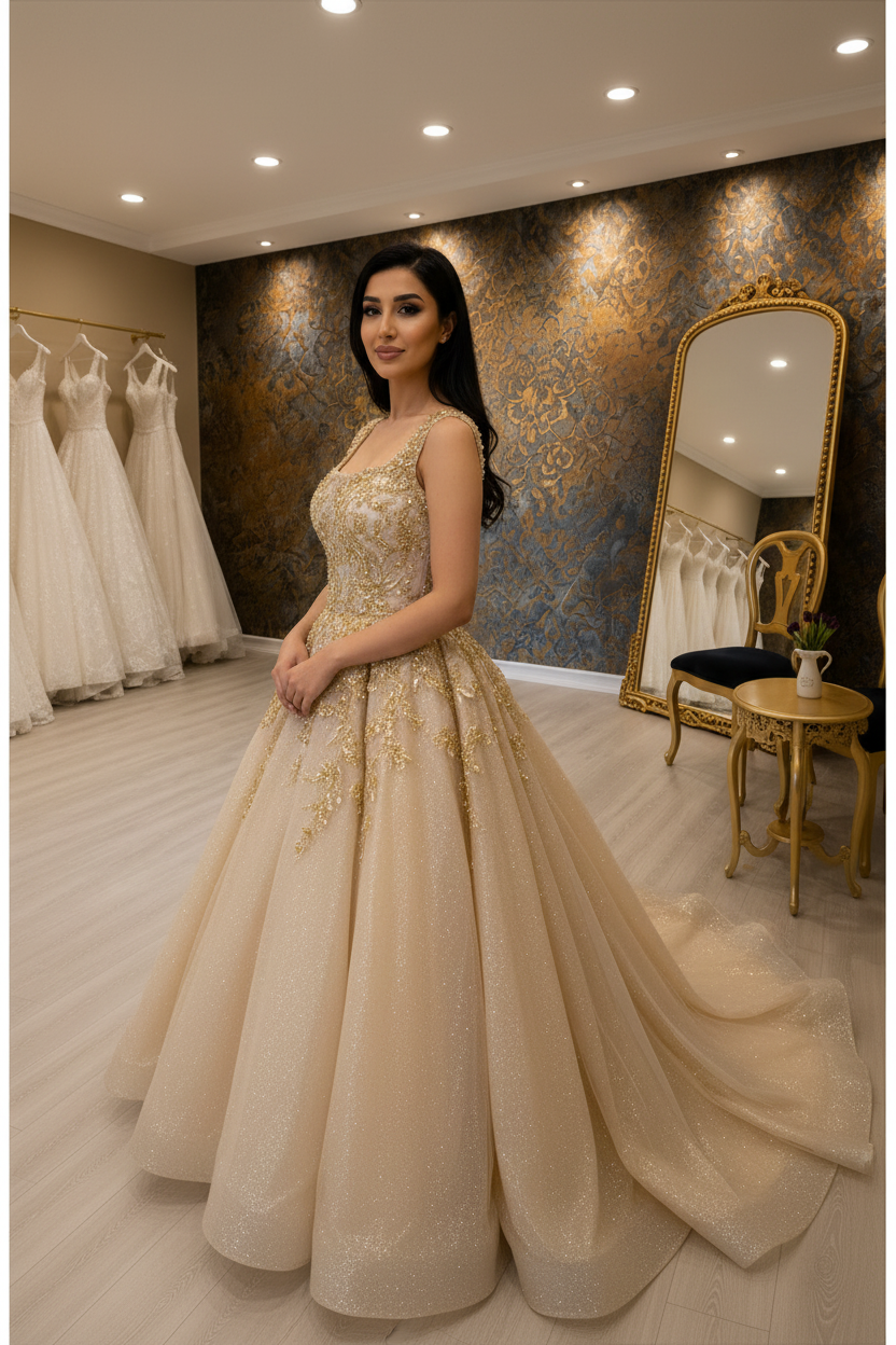 NIL-NS-247 Gold Champagne Crystal Princess Ball Gown Engagement Dress - Front View