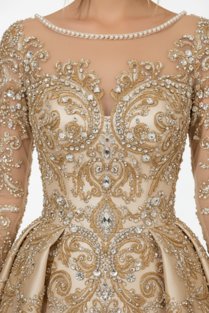 NNC-107 σαμπανί φόρεμα μπάλα - Gold Embroidery και Κρύσταλλο Beading Detail
