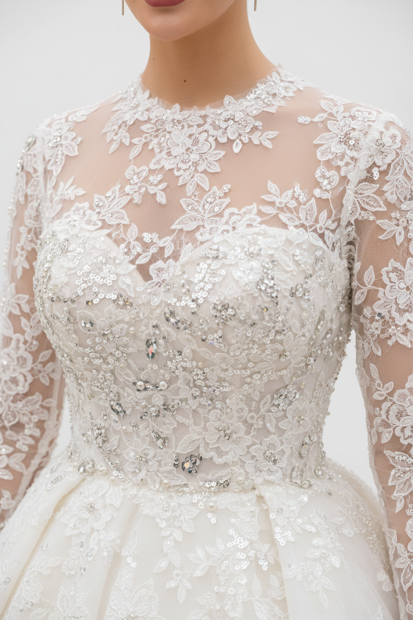 NIL-115 Soft White Modest Wedding Dress – Detail View