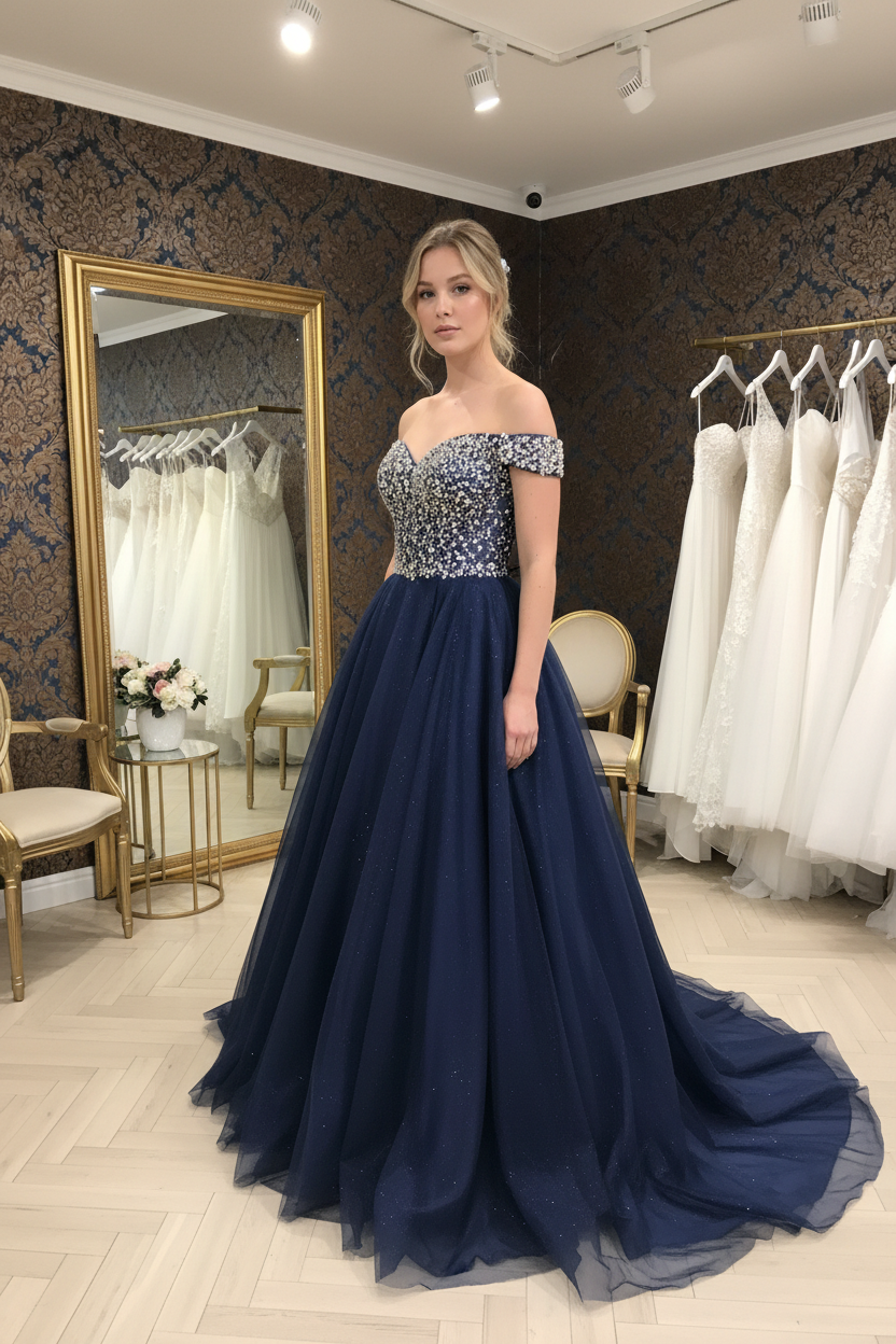 G21-NS-244 Navy Blue Silver Crystal Ball Gown Engagement Dress