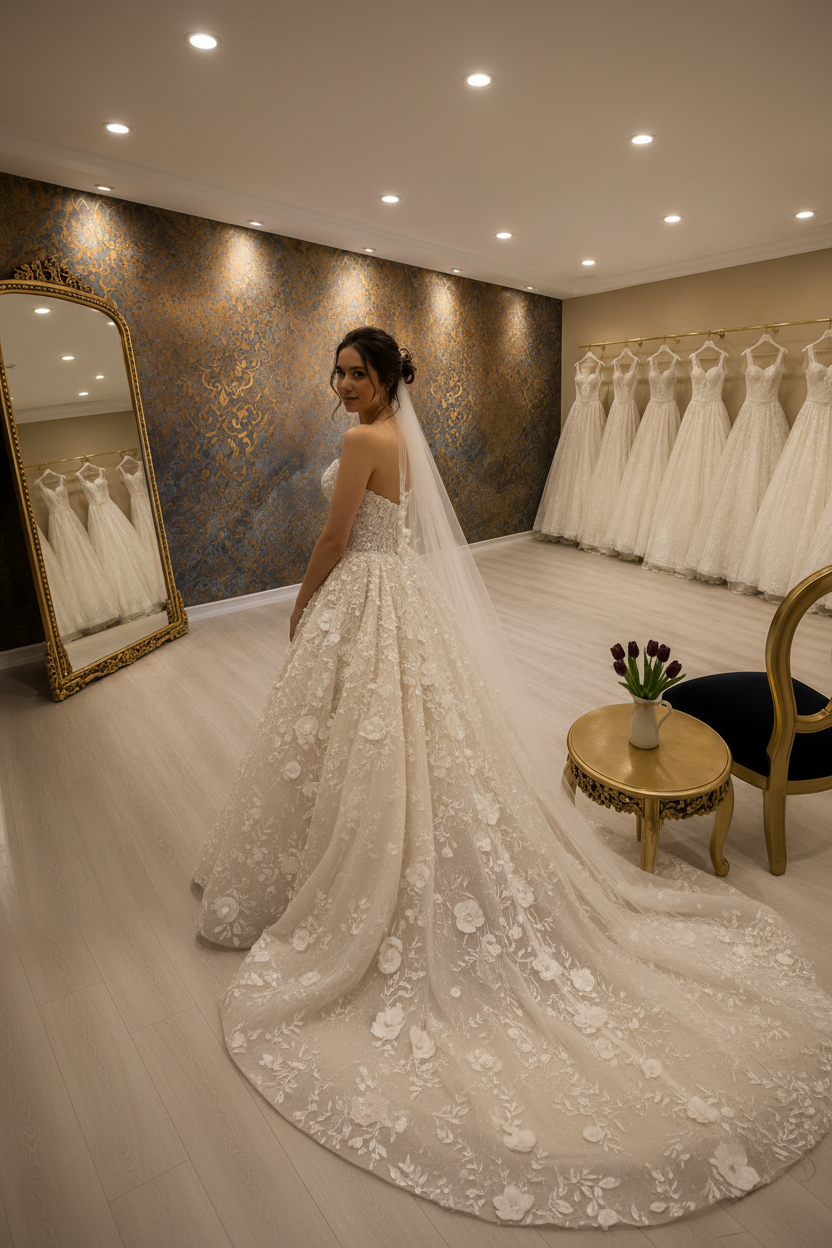 G21-248 3D Floral Applique Ball Gown with Cathedral Veil | Sweetheart Neckline | Couture Bridal