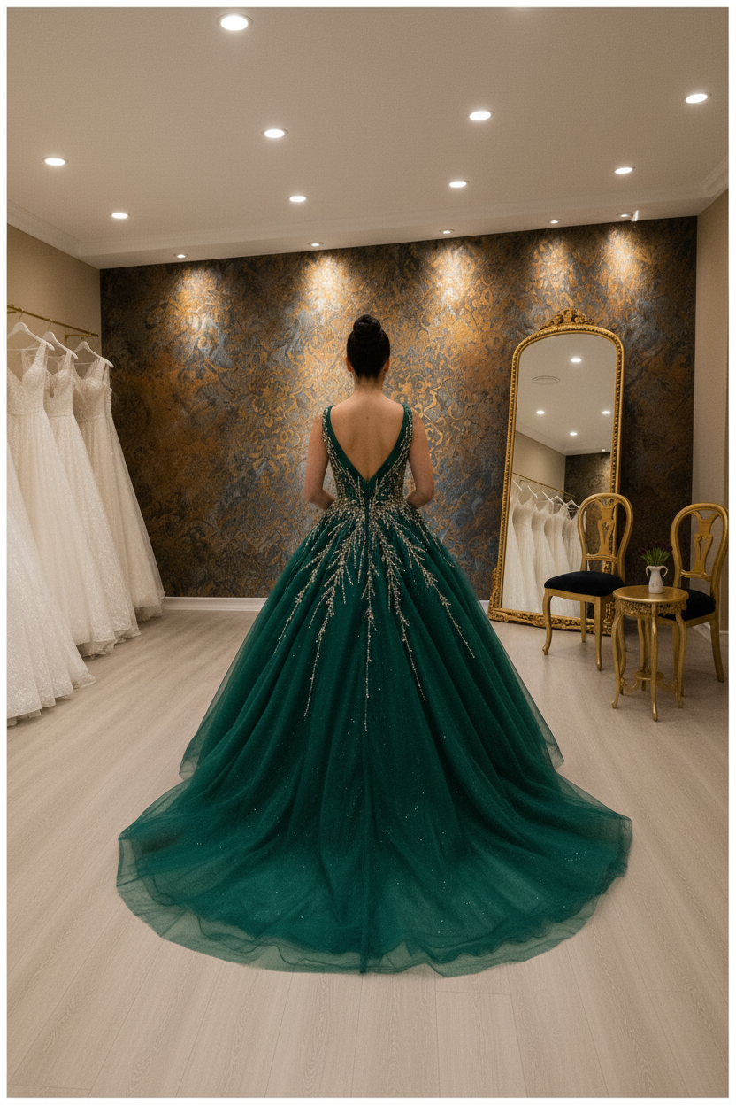 NIL-NS-253 Emerald Green Gold Crystal Ball Gown Engagement Dress - Back View