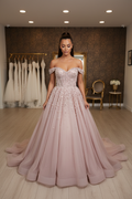 NIL-NS-257 Dusty Rose Blush Pearl Crystal Ball Gown Engagement Dress - Front View