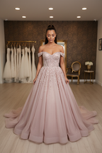 NIL-NS-257 Dusty Rose Blush Pearl Crystal Ball Gown Engagement Dress - Front View