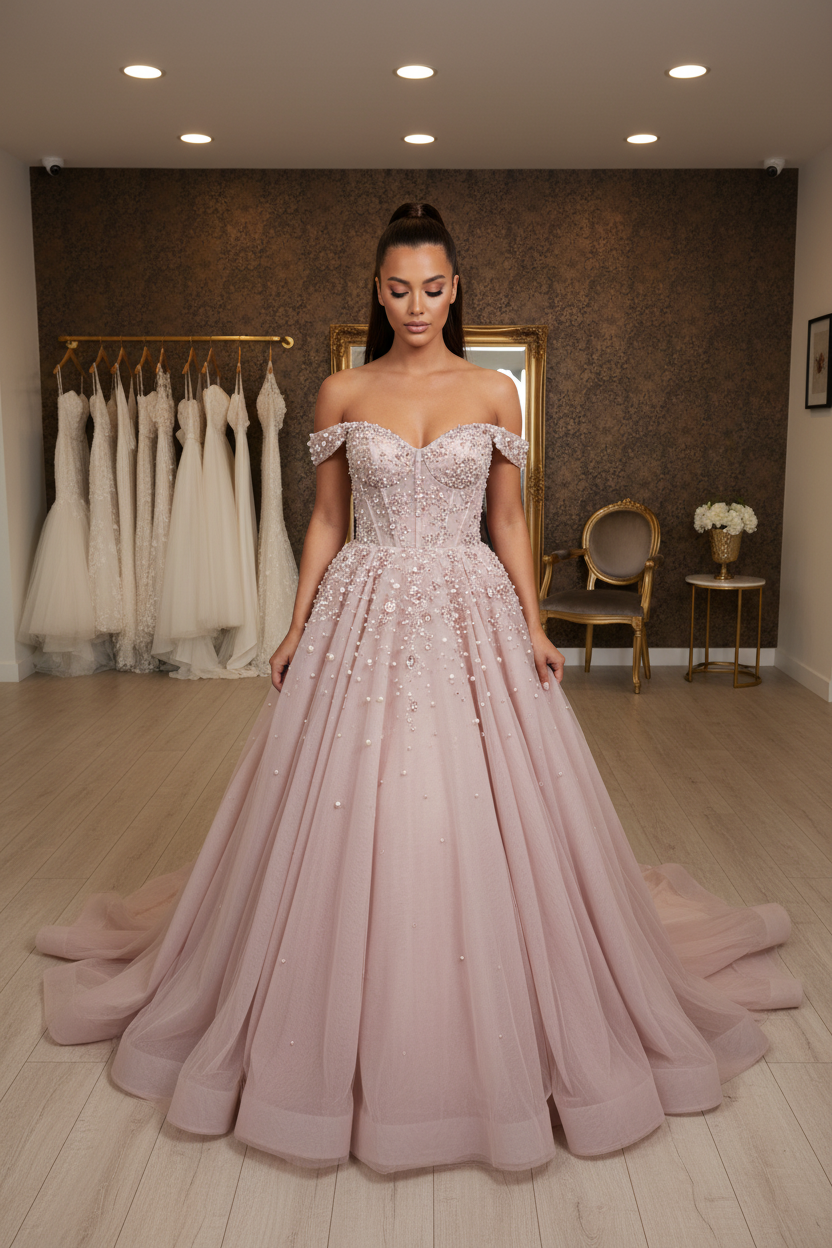 G21-NS-257 Dusty Rose Blush Pearl Crystal Ball Gown Engagement Dress