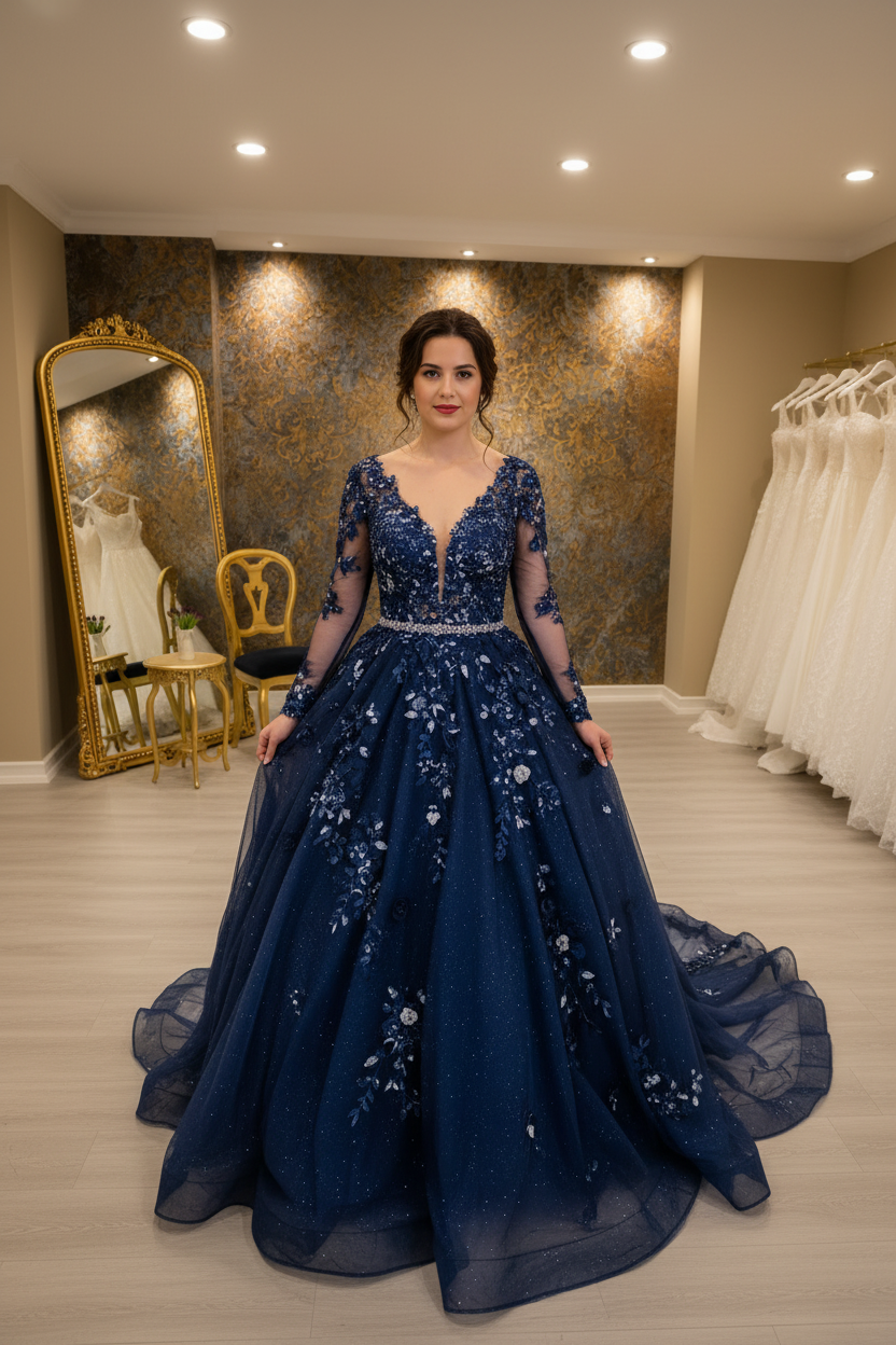 G21-NS-243 Navy Blue Crystal Engagement Dress