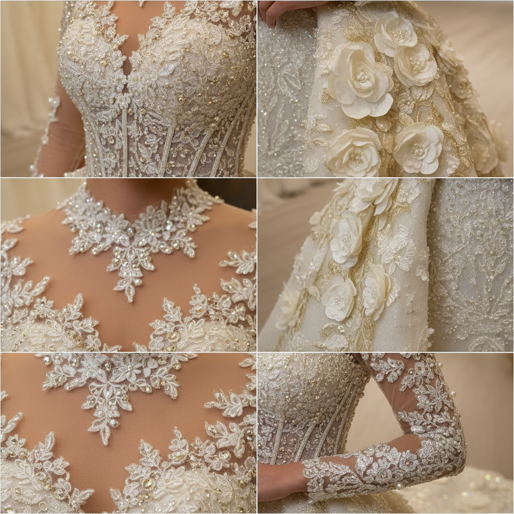 NIL-028 Gold ricamo in cristallo & 3D Floral pizzo Detail