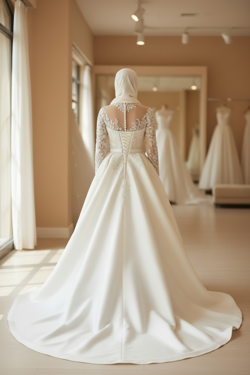 NIL-009 Soft Ivory Prinzessinnen-Ballkleid Rückansicht mit high illusion Ausschnitt long Spitze Ärmel und Kathedralenschleppe by NIL Brautkleid