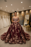 NIL-NS-266 Burgundy Royal Crystal Princess Engagement Dress - Front View
