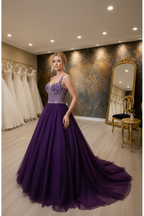 NIL-NS-248 Deep Purple Amethyst Crystal Ball Gown Engagement Dress - Front View
