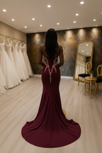 NIL-NS-254 Burgundy Rose Gold Crystal Mermaid Engagement Dress - Back View