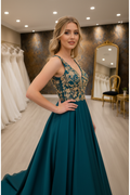NIL-NS-258 Teal Turquoise Gold 3D Floral Crystal A-Line Engagement Dress - Front View