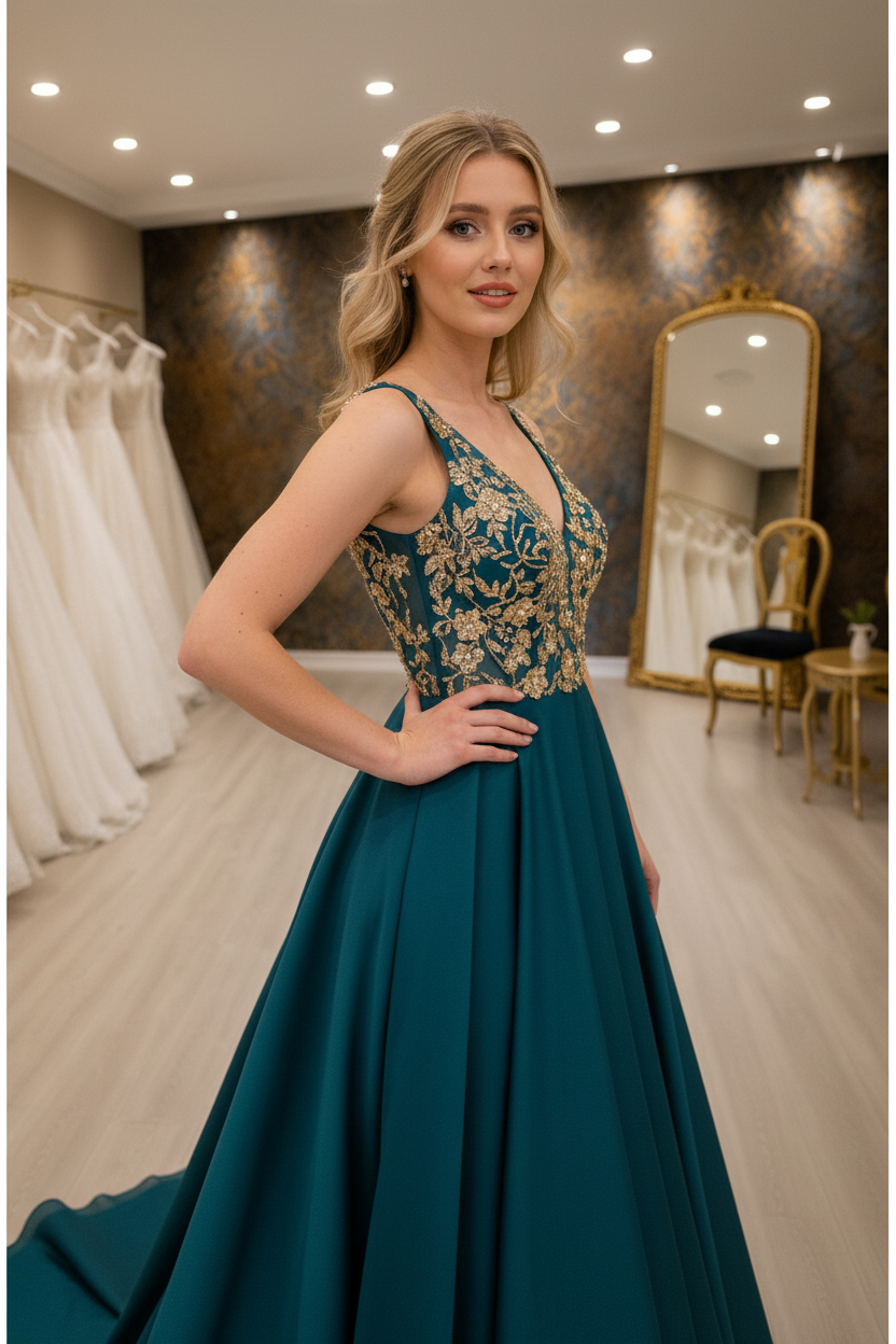 G21-NS-258 Teal Turquoise Gold 3D Floral Crystal A-Line Engagement Dress