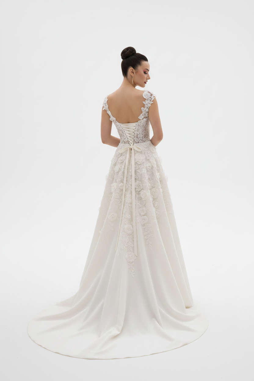 NIL-124 avorio tenue Linea ad A Abito da sposa vista posteriore con sweep strascico by NIL Abito da sposa