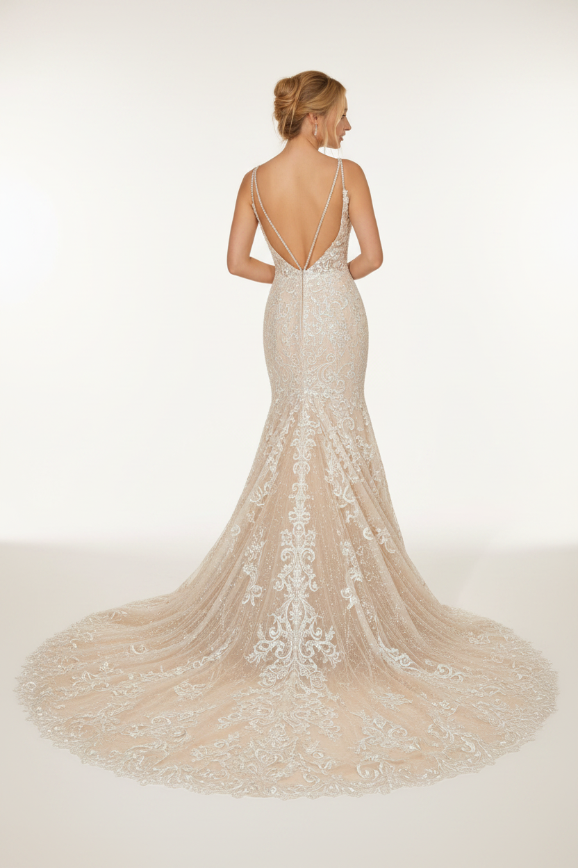 NIL-125 champagne ivory Havfrue Brudekjole bagfra med Kongelig slæb by NIL Brudekjole