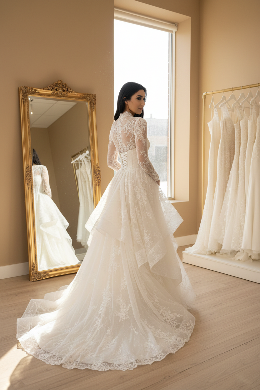 NIL-050 – Vintage Victorian Dantel Gelinlik | Yüksek Yaka | Uzun Dantel Kollu | Korseli Bel | Romantik Bridal
