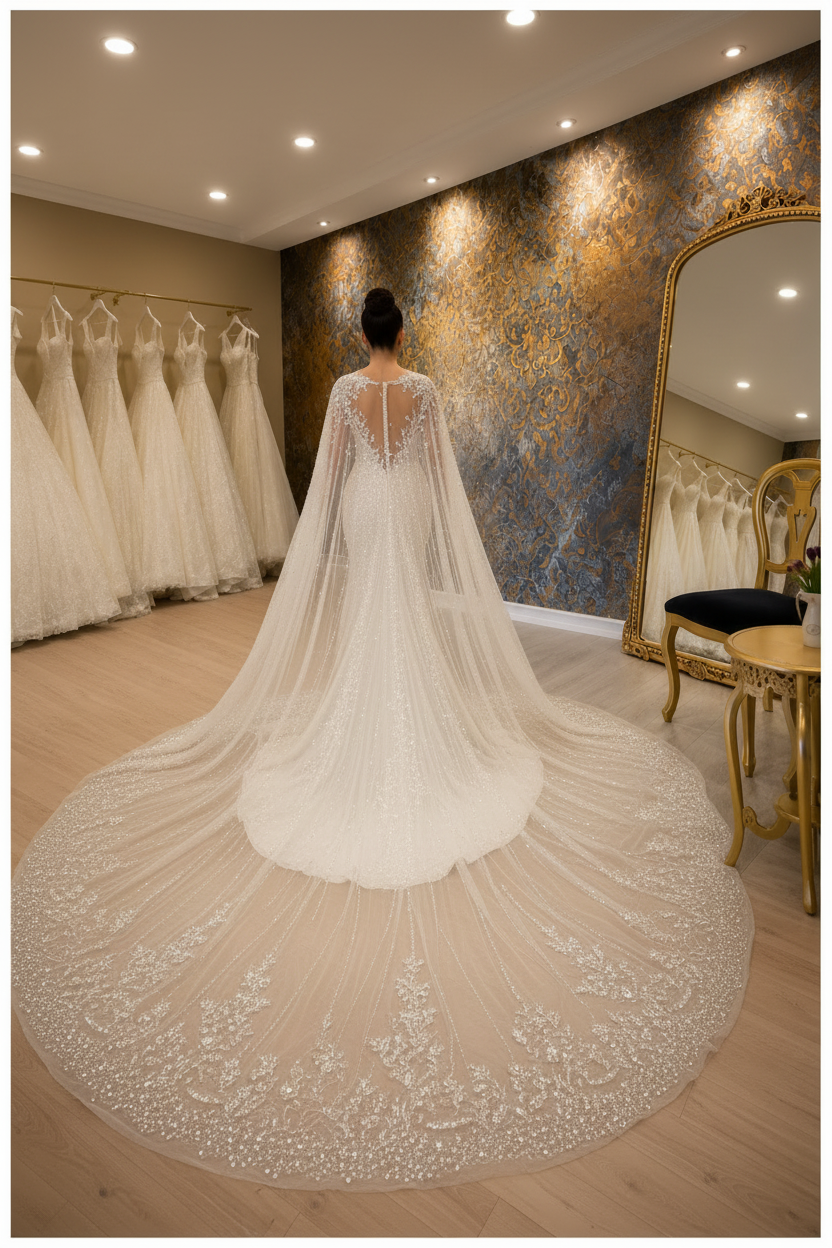 NIL-066 Detachable Cape strascico abito da sposa – vista posteriore