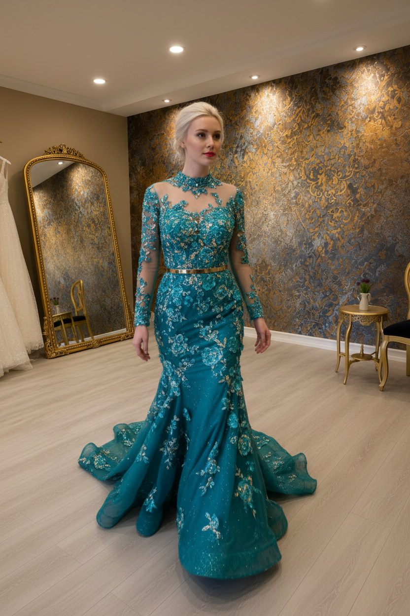 G21-NS-245 Teal Turquoise Mermaid Crystal Dress