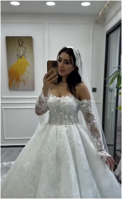 G21-056 – Off-Shoulder Ball Gown Voluminous Ivory Long Sleeve Floral Lace Crystal Beaded Chapel Train Princess Style Wedding Dress