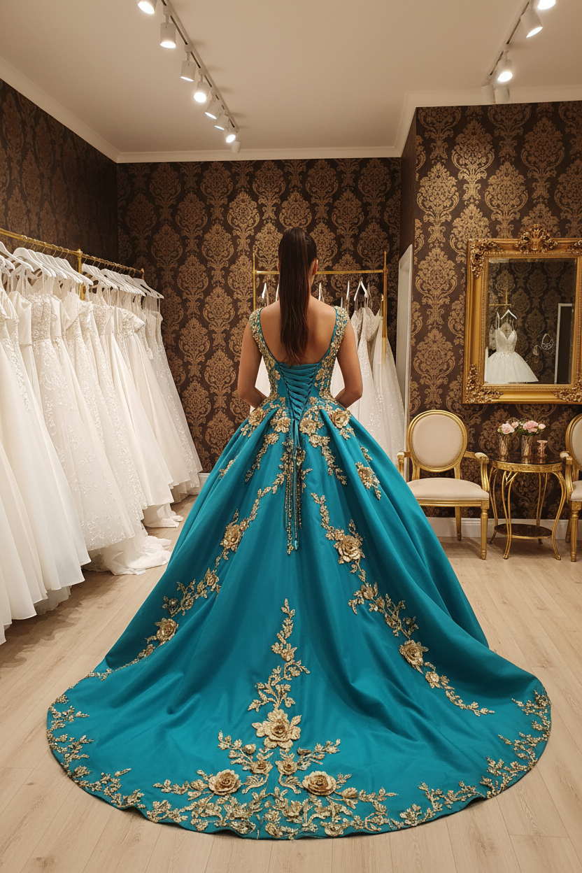 NIL-NS-270 Teal Turquoise Royal Crystal Ball Gown Engagement Dress - Back View