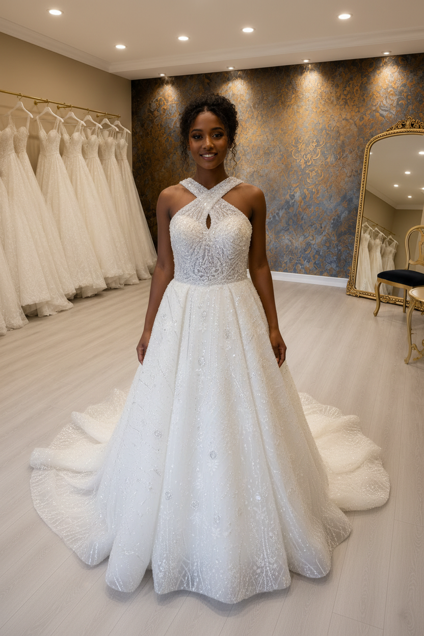 NIL-261 Crystal Cross-Strap Ballgown - Full Body Front View