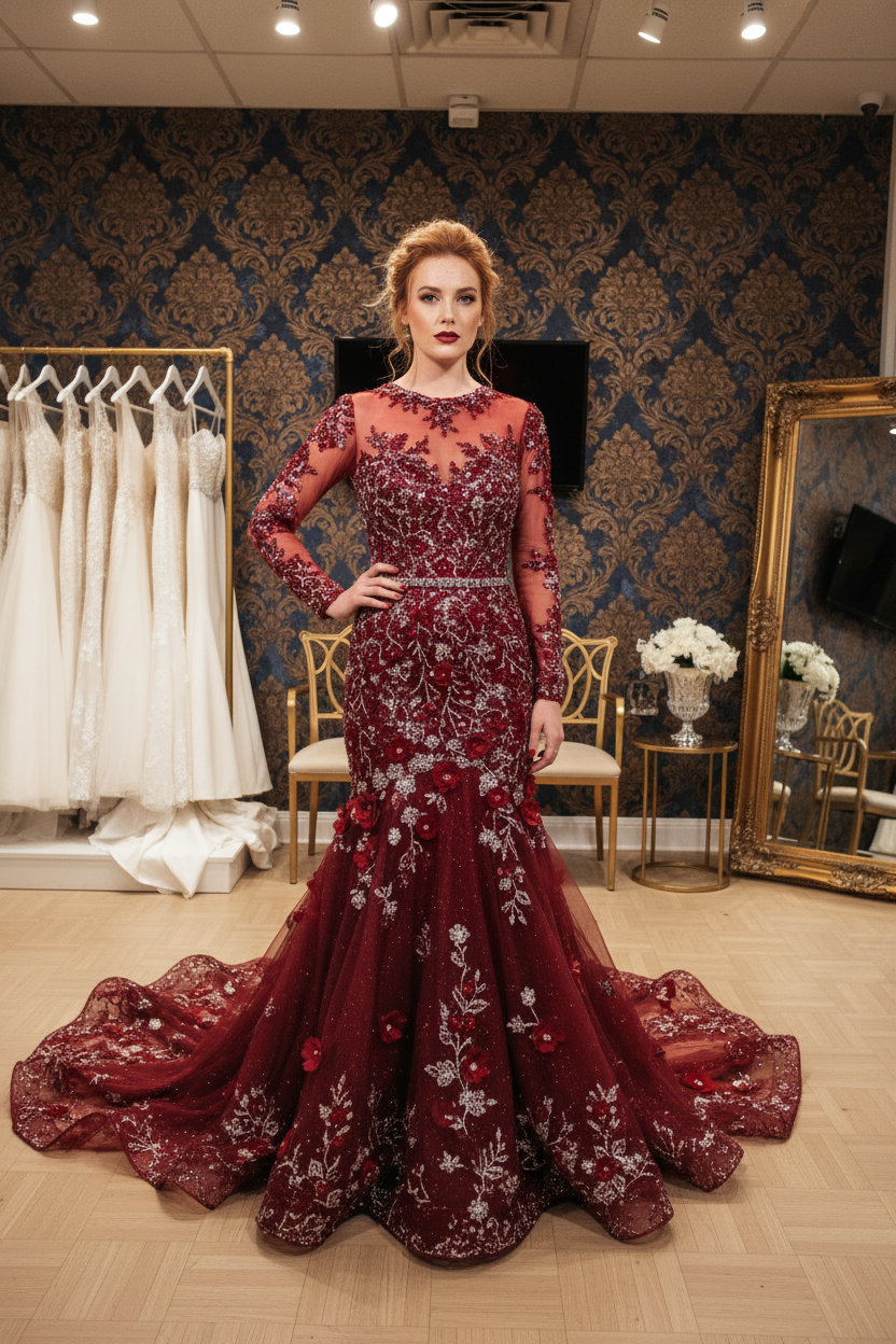 G21-NS-117 Crimson Red Crystal Engagement Dress