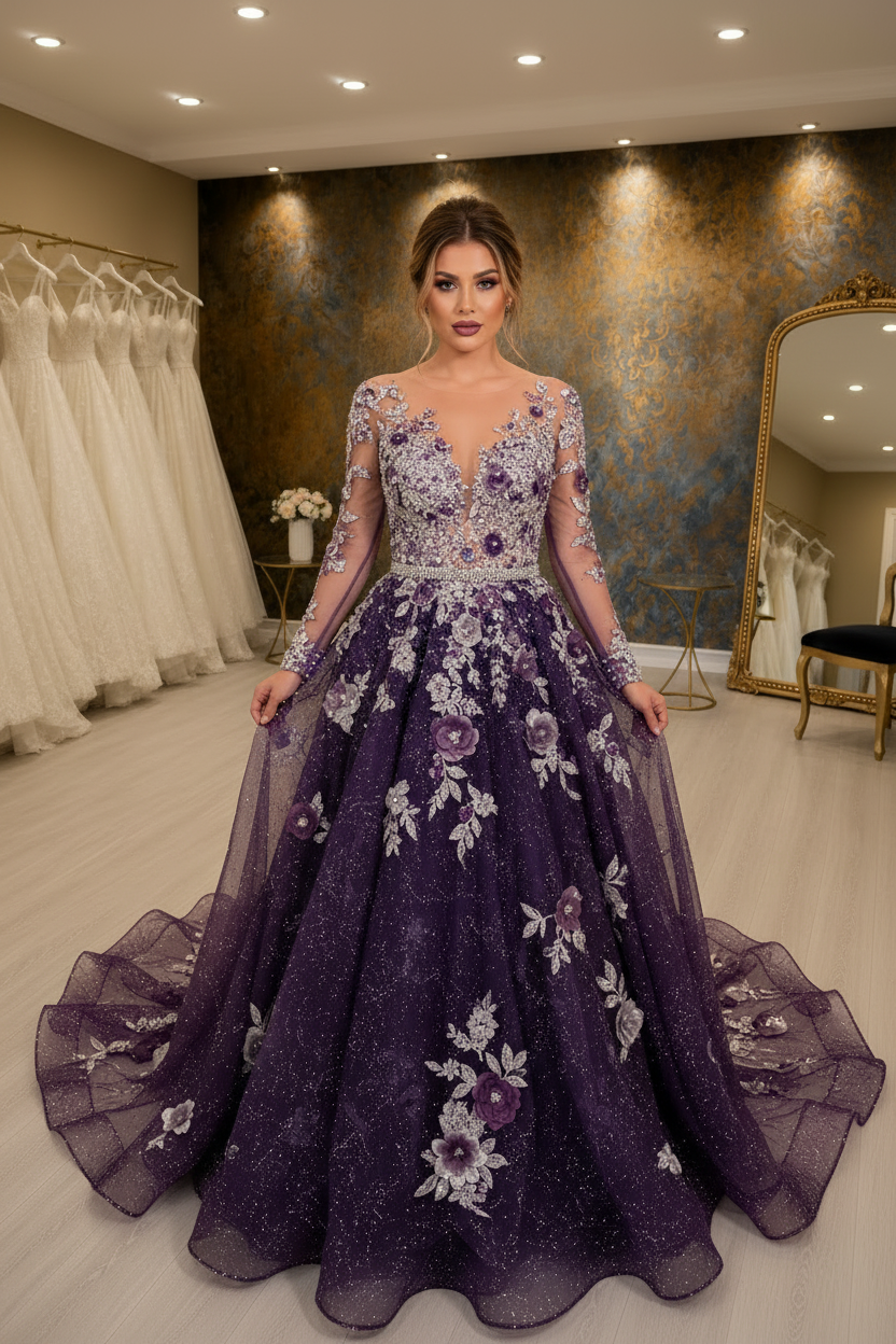 NIL-NS-083 Deep Purple Silver Crystal A-Line Engagement Dress - Front View
