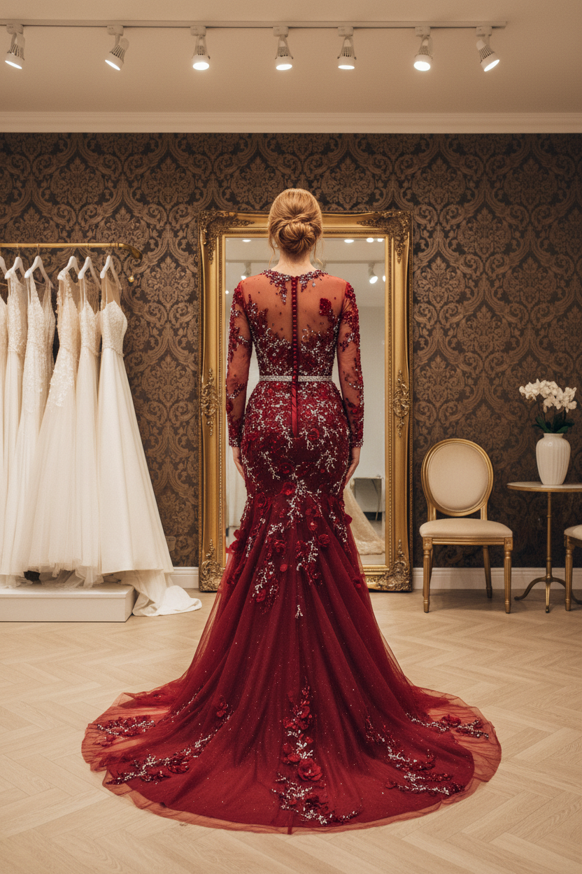 NIL-NS-117 Crimson Red Silver Crystal Mermaid Engagement Dress - Back View