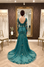 NIL-NS-116 Teal Turquoise Gold Crystal Engagement Dress - Back View