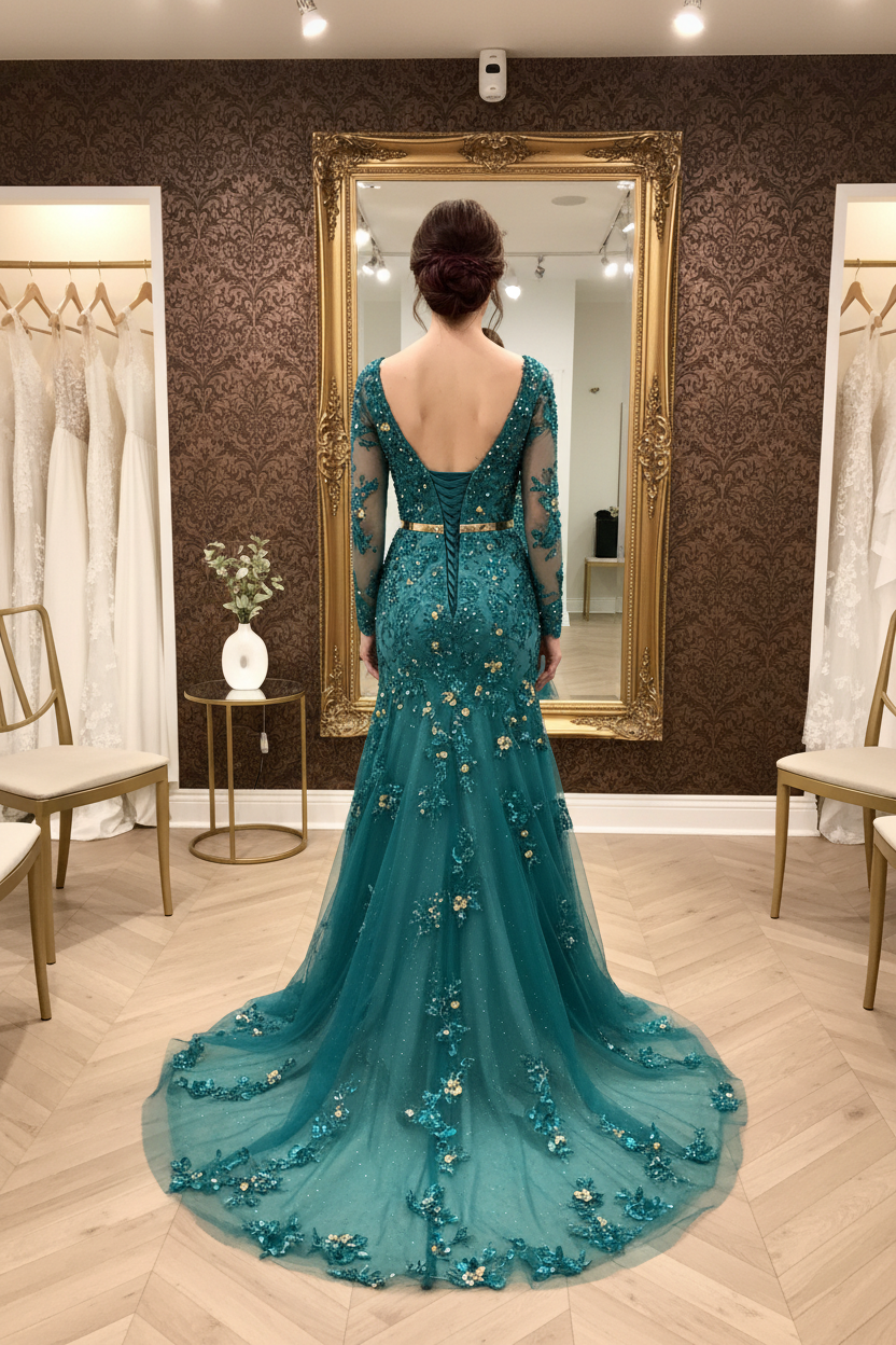 NIL-NS-116 Teal Turquoise Gold Crystal Engagement Dress - Back View