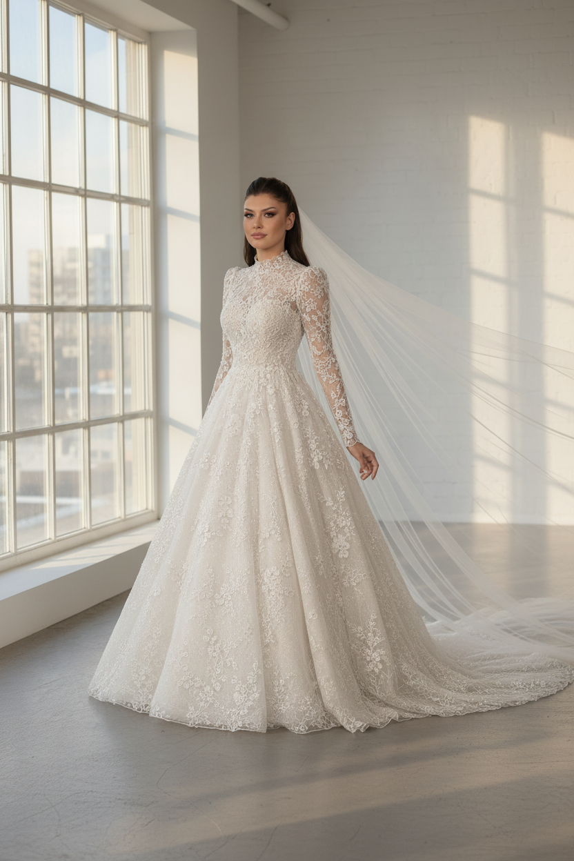 G21-242 Champagne Lace A-Line Bridal Gown with Chapel Veil | High Neck | Long Lace Sleeves | Modest Couture