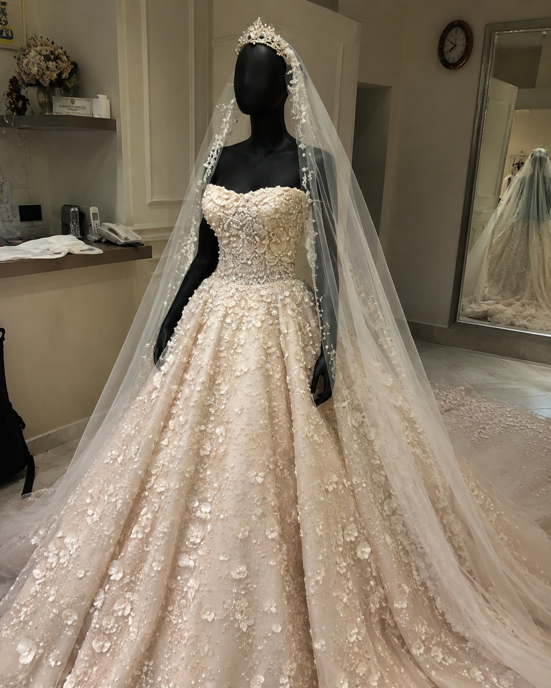 3D Floral Ball Gown Wedding Dress with Cathedral Veil