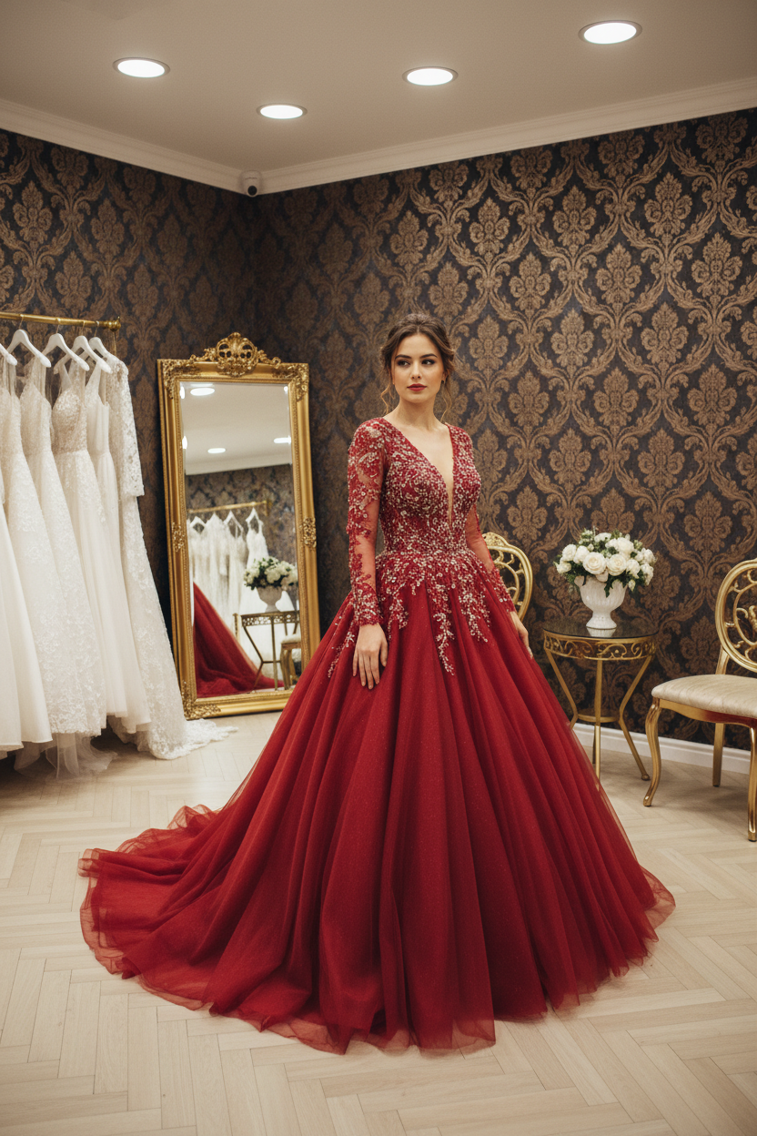 NIL-NS-243 Crimson Red Crystal Ball Gown Engagement Dress - Front View