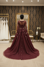 NIL-NS-233 Burgundy Rose Gold Crystal A-Line Engagement Dress - Back View