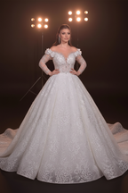 G21-075 Light Cream Princess Lace Bridal Gown with Sweetheart Neckline and Cathedral Train