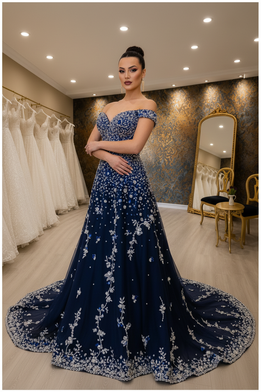 G21-NS-272 Navy Blue Royal Crystal A-Line Engagement Dress — Gulf Edition