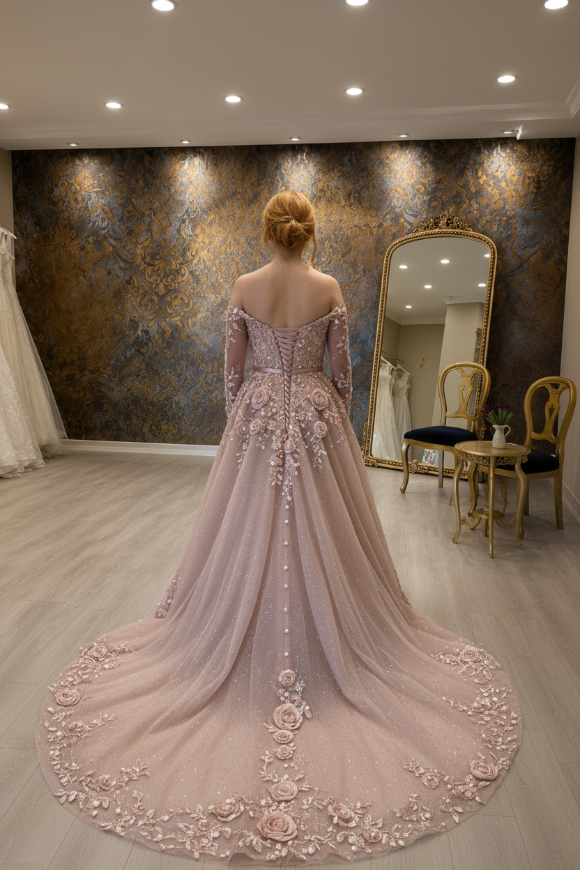 NIL-NS-244 Dusty Rose Blush Crystal A-Line Engagement Dress - Back View